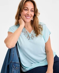 Style & Co Plus Lace-Trim-v-Neck Short-Sleeve T-Shirt, Exclusively at Macy's