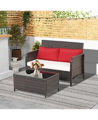 Gymax 2 Pieces Outdoor Patio Wicker Furniture Set Rattan Loveseat & Coffee Table