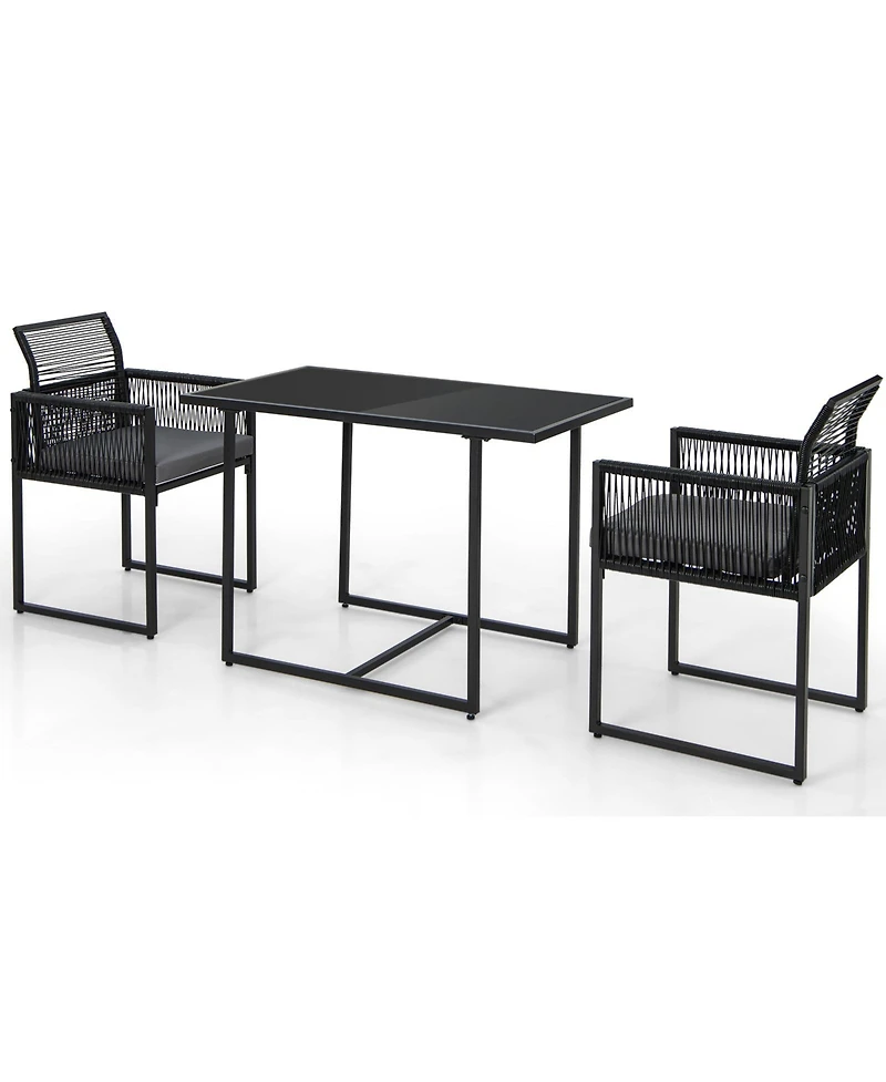 Gymax Set of 3 Pe Wicker Furniture Set Cushioned Chairs w/ Folding Backrest Patio Backyard