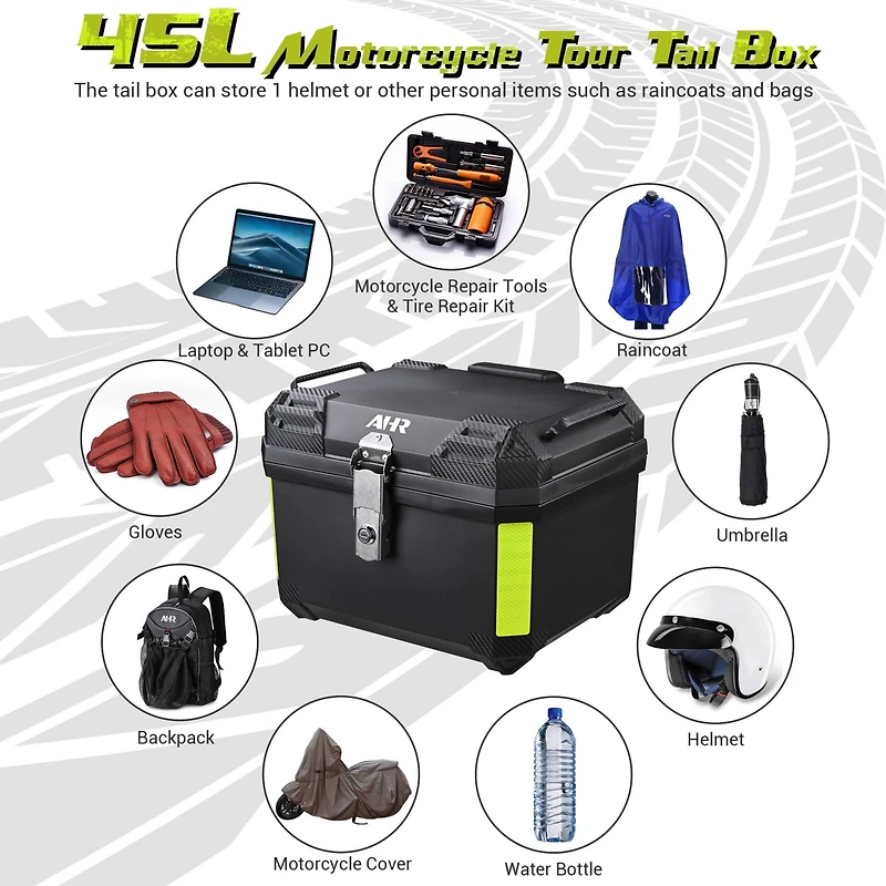 Ahr 45L Universal Motorcycle Tour Tail Box Scooter Trunk Storage with Backrest Safety Lock