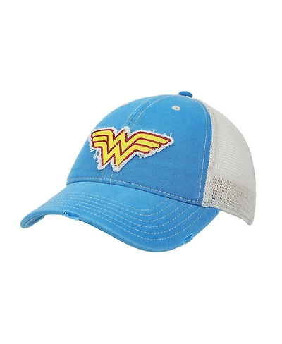 Wonder Woman Logo Women's Blue Washed Distressed Cut Fabric Unstructured Baseball Cap