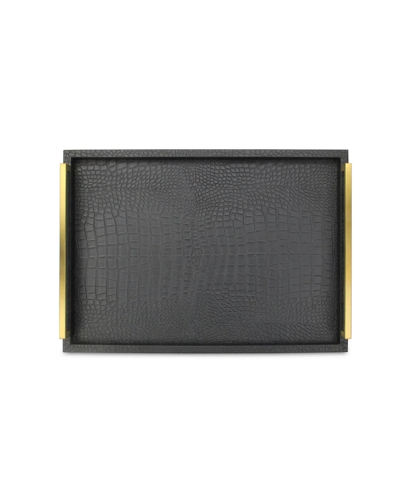 Set of Two Wood Serving Trays with Faux Croc Texture and Handles