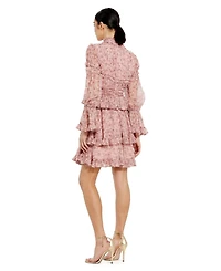 Mac Duggal Women's Long Sleeve Open Front High Neck Ruffle Mini Dress