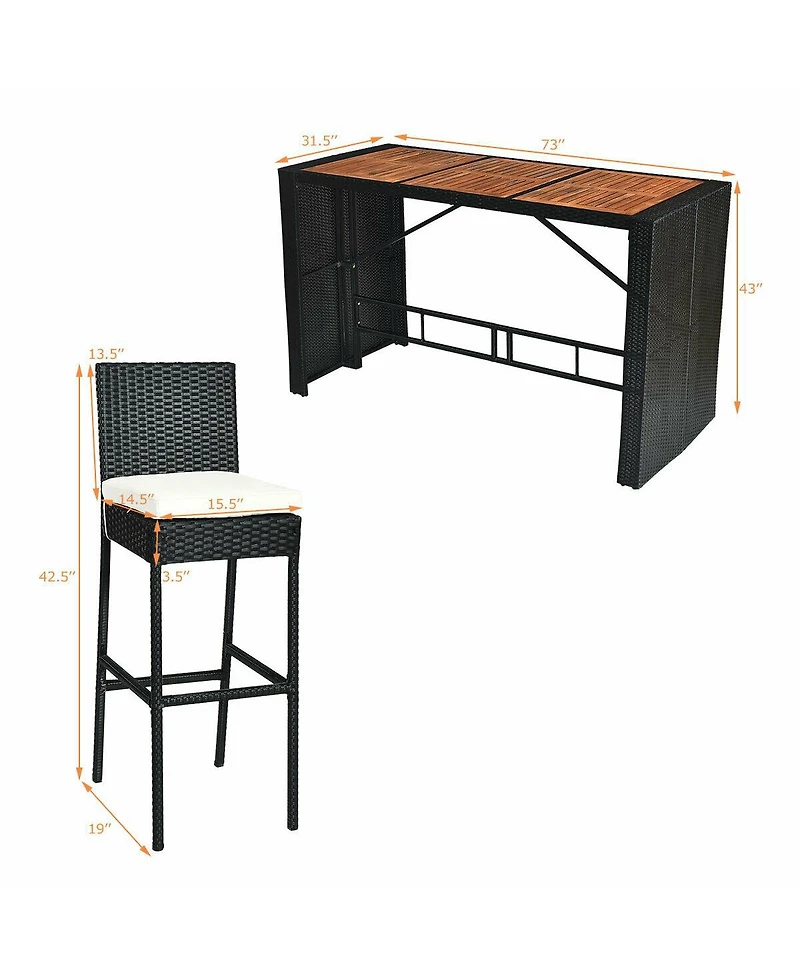 7 Pcs Patio Rattan Wicker Bar Dining Furniture Set wood Table Top 6 Stools