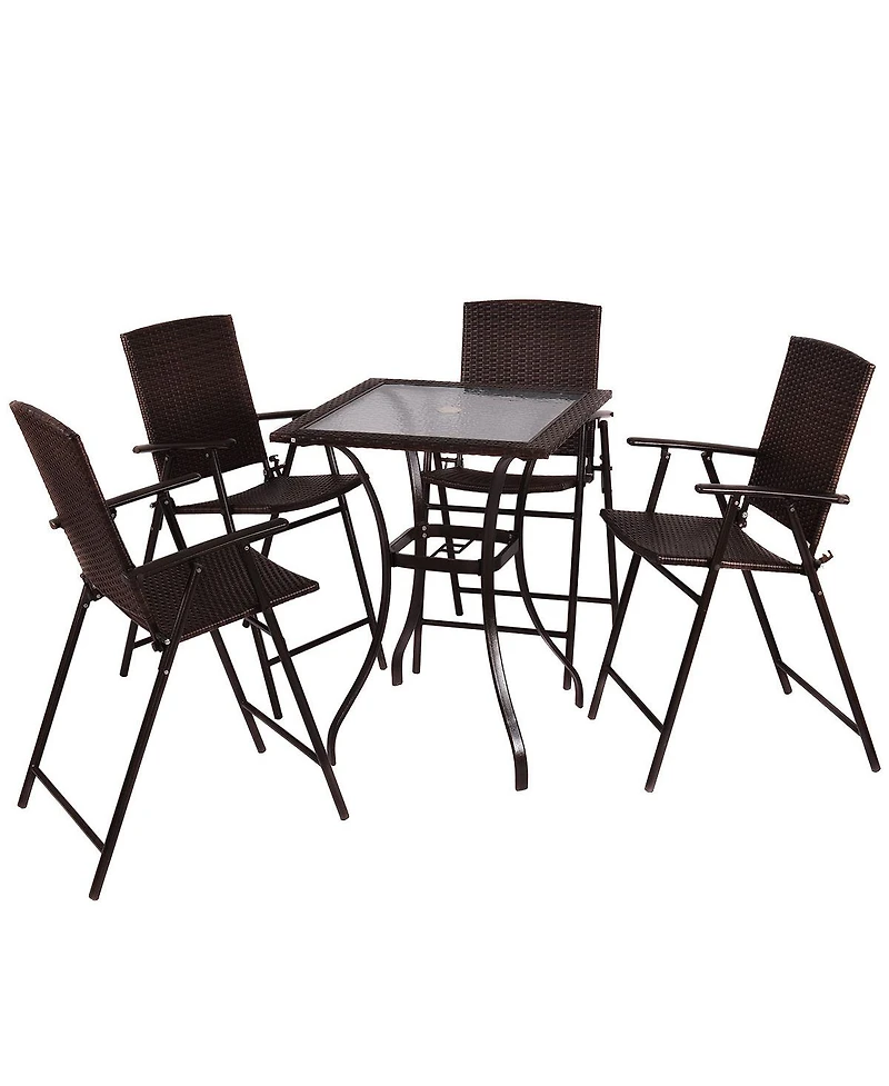 5PC Rattan Patio Furniture Set 4 Bar Stool Folding Chair and Bar Table W/Glass Top