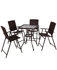 5PC Rattan Patio Furniture Set 4 Bar Stool Folding Chair and Bar Table W/Glass Top