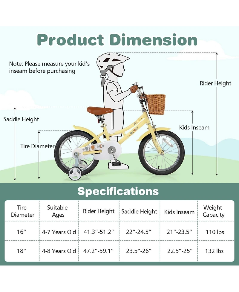 16" Kids Bike with Training Wheels & Adjustable Seat | Safety Reflectors, Bell for Ages 4-8