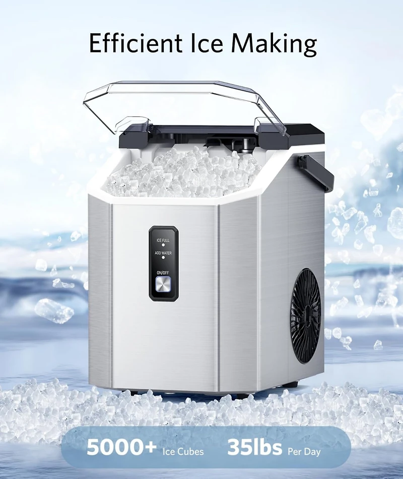 Zafro Portable Ice Maker with Handle, Stainless Steel Ice Maker Countertop with Slef-Cleaning, 35Lbs/24H, 7Mins Fast Ice Making, with Ice Basket/Ice S