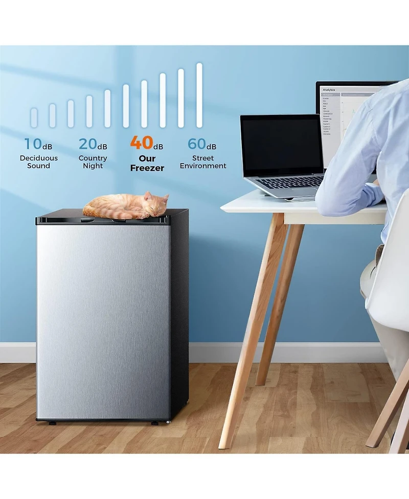 Zafro 3.0 Cu.ft upright mini freezer with adjustable thermostat, removable shelves, and reversible door. Ideal for bedrooms, homes, dorms, or apartmen