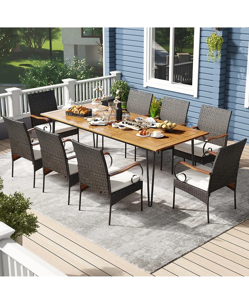Gymax 9 Pcs Outdoor Patio Dining Set Acacia Wood Square & Table Armchairs Set of 8