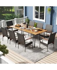 Gymax 9 Pcs Outdoor Patio Dining Set Acacia Wood Square & Table Armchairs Set of 8