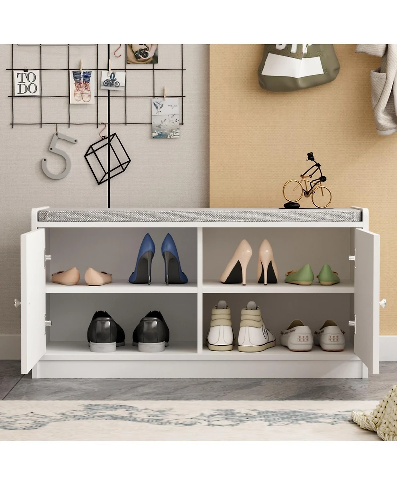 Shoe bench with movable shelves, white wooden shoe rack with two doors and four storage compartments, Entryway Bench