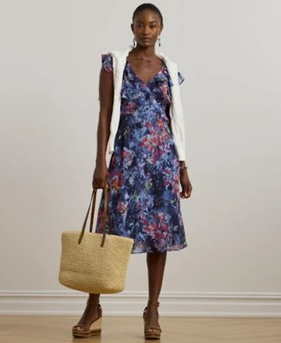 Lauren Ralph Lauren Womens Print Ruffle Trim Georgette Midi Dress 0ps 18