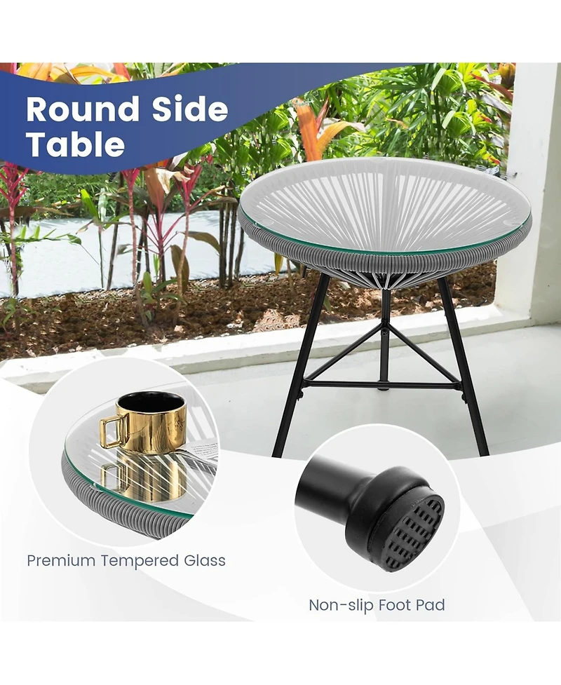 Gymax 3 Pcs Wicker Conversation Bistro Set Acapulco Chair Set with Tempered Glass Table