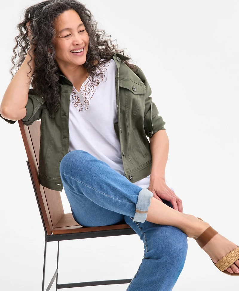 Style & Co Women's Lace-Trim V-Neck Short-Sleeve T-Shirt, Exclusively at Macy's