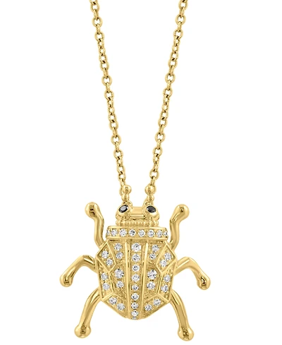 Effy White Diamond (1/6 ct. t.w.) & Black Diamond Accent Beetle Pendant Necklace in 14k Gold, 17" + 1" extender