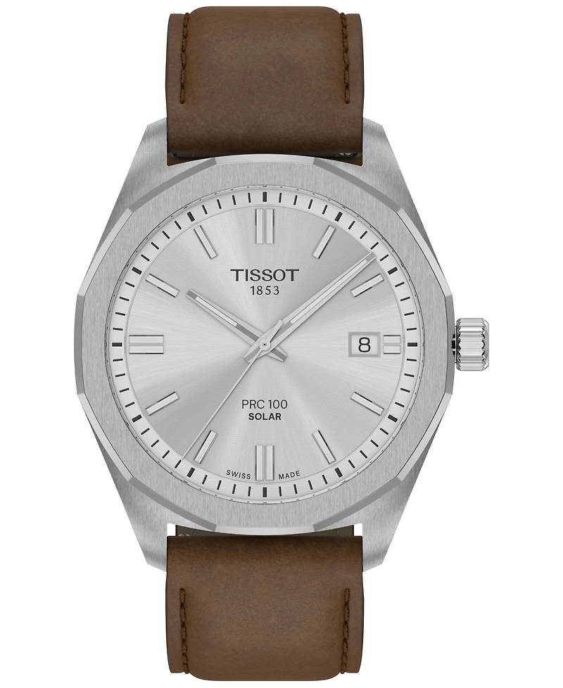 Tissot Men's Swiss Prc 100 Solar Quartz Brown Leather Strap Watch 39mm