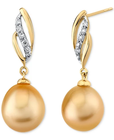 Cultured Golden South Sea Pearl (9mm) & Diamond (1/10 ct. t.w.) Drop Earrings in 14k Gold