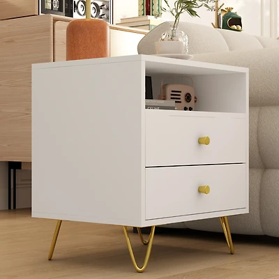 Bedside table with three drawers, side table with gold handles and feet, white wooden end table, suitable for bedrooms, living rooms, offices