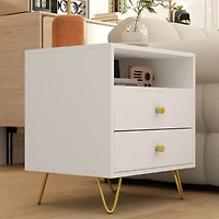 Bedside table with three drawers, side table with gold handles and feet, white wooden end table, suitable for bedrooms, living rooms, offices