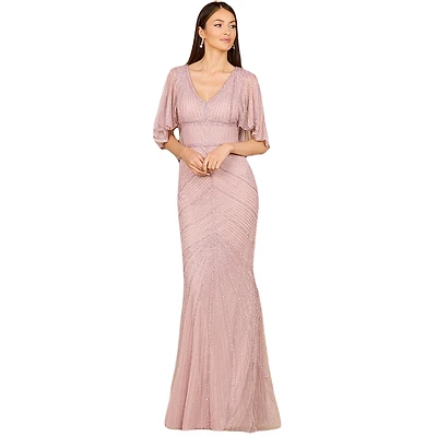 Lara Women's Cape Sleeve Beaded Gown