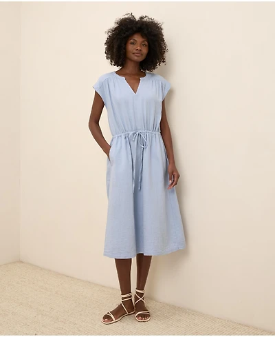 Pact Women's Organic Cotton Coastal Double Gauze Tie Waist Midi Dress