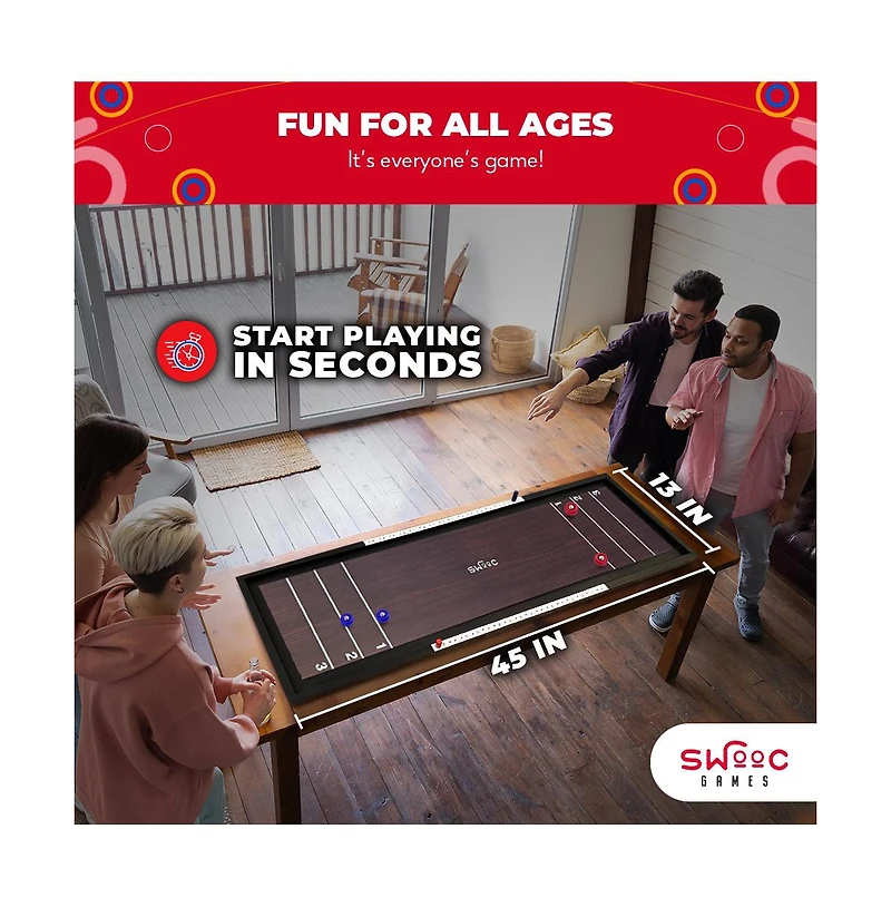 Swooc 2-in-1 Shuffleboard and Curling | 100% Solid Wood Shuffleboard Table (4ft) | With 5+ Games | Board Game Table Top Games