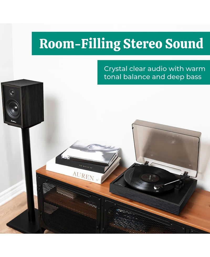Electrohome Montrose Record Player Stereo System, 4" Bluetooth Powered Bookshelf Speakers, Belt-Drive Turntable with Audio-Technica Sty