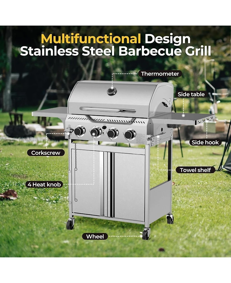 Cowsar 4-Burner Gas Bbq Grill, Astm 304 Stainless Steel Propane Grill with 32000 Btu, Outdoor Grill with Top Cover Lid,Wheels,Side Storage Shelves for