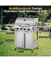 Cowsar 4-Burner Gas Bbq Grill, Astm 304 Stainless Steel Propane Grill with 32000 Btu, Outdoor Grill with Top Cover Lid,Wheels,Side Storage Shelves for