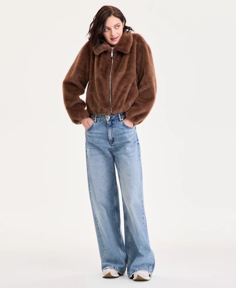 CeCe Petite Zip-Front Faux-Fur Bomber Jacket