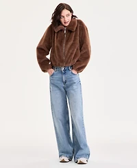 CeCe Petite Zip-Front Faux-Fur Bomber Jacket