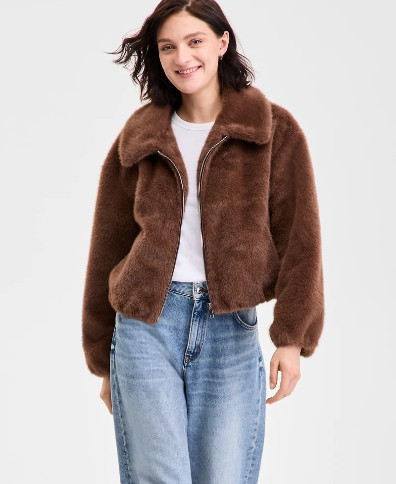 CeCe Petite Zip-Front Faux-Fur Bomber Jacket