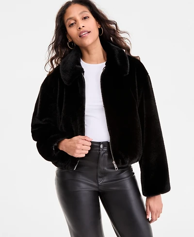 CeCe Petite Zip-Front Faux-Fur Bomber Jacket