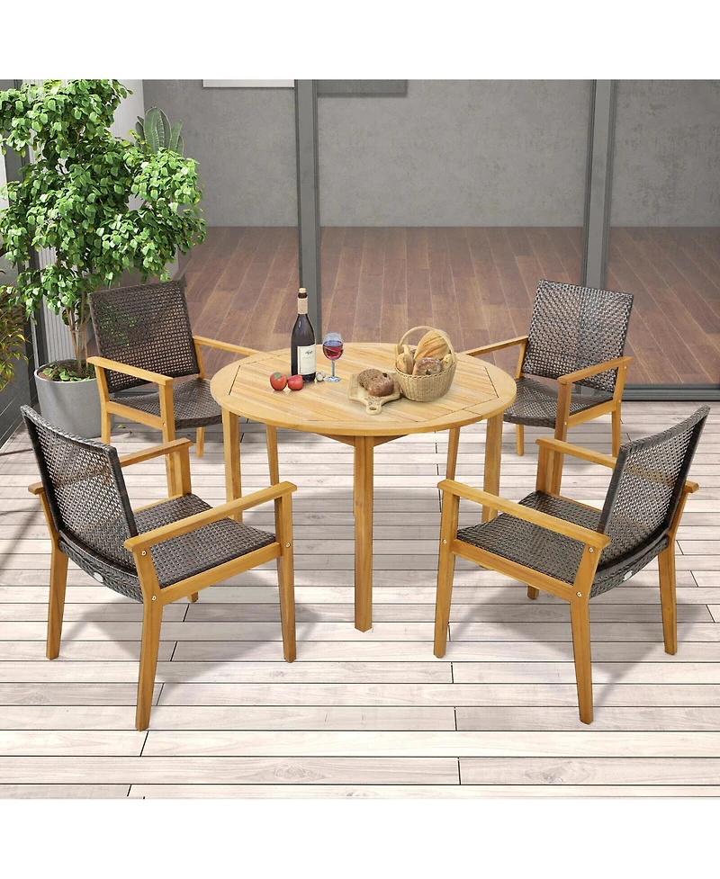 Gymax 5 Pcs Patio Dining Set Round Acacia Wood Table 4 Wicker Armchairs Outdoor Garden