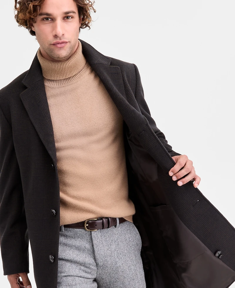 Michael Kors Men's Classic-Fit Olive Navy Plaid Wool Blend Overcoat