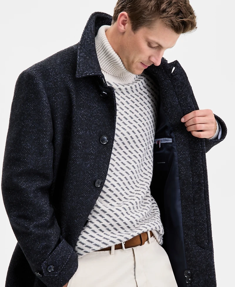 Tommy Hilfiger Men's Classic-Fit Navy Herringbone Wool Blend Overcoat