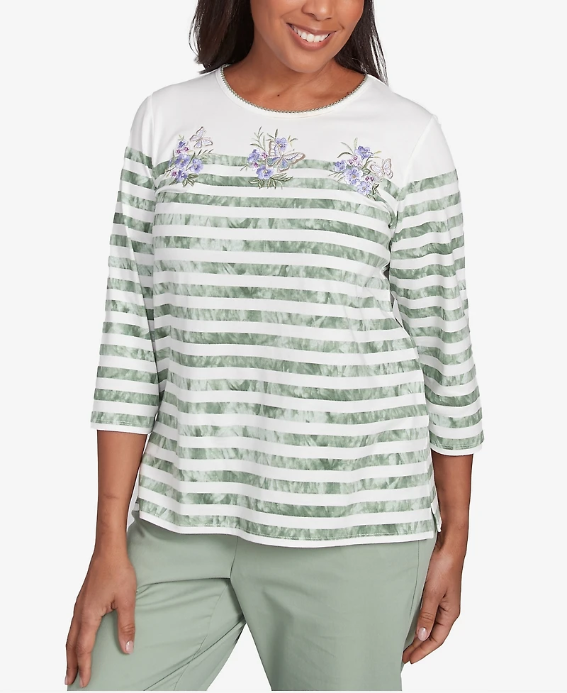 Alfred Dunner Women's Santa Fe Tie Dye Stripe Embroidered Crew Neck Top