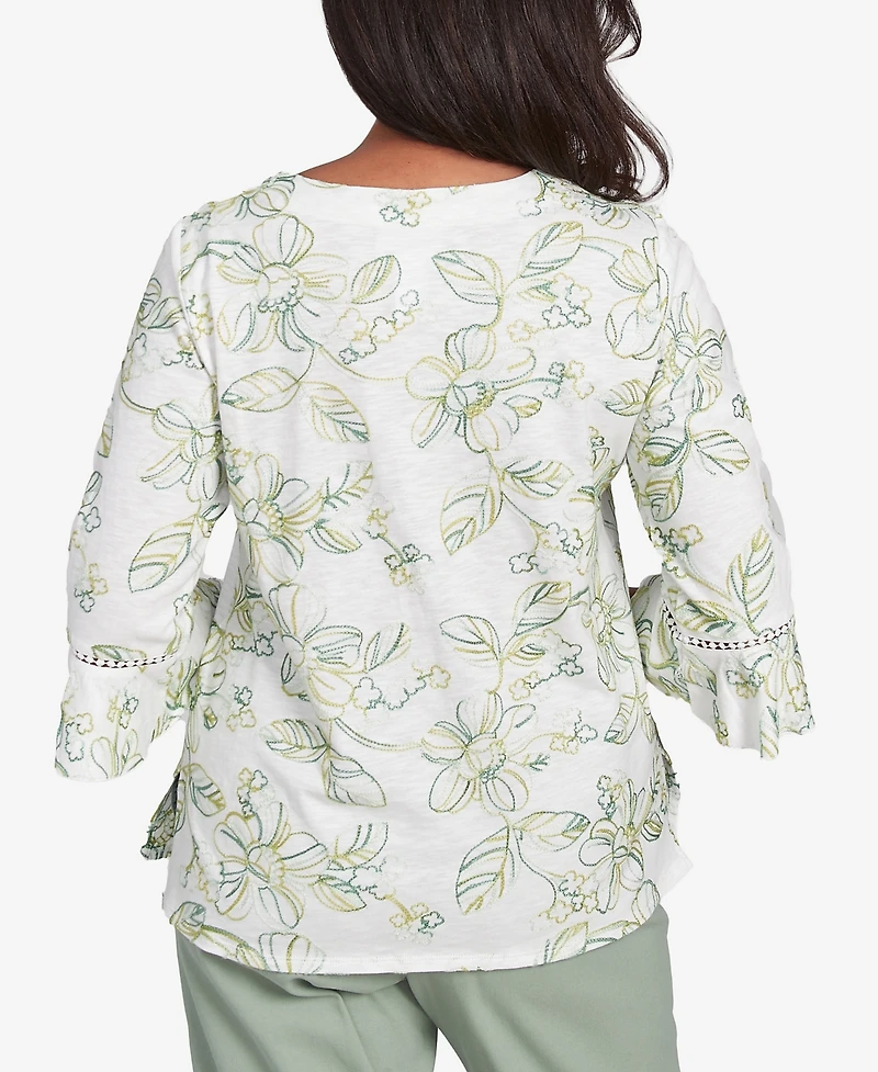 Alfred Dunner Women's Santa Fe Embroidered Floral Vines Cotton Top
