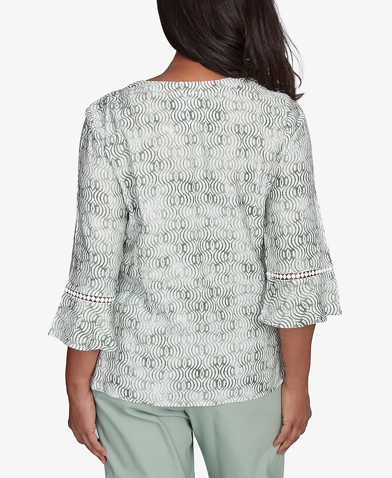 Alfred Dunner Women's Santa Fe Embroidered Geometric Flare Sleeve Top