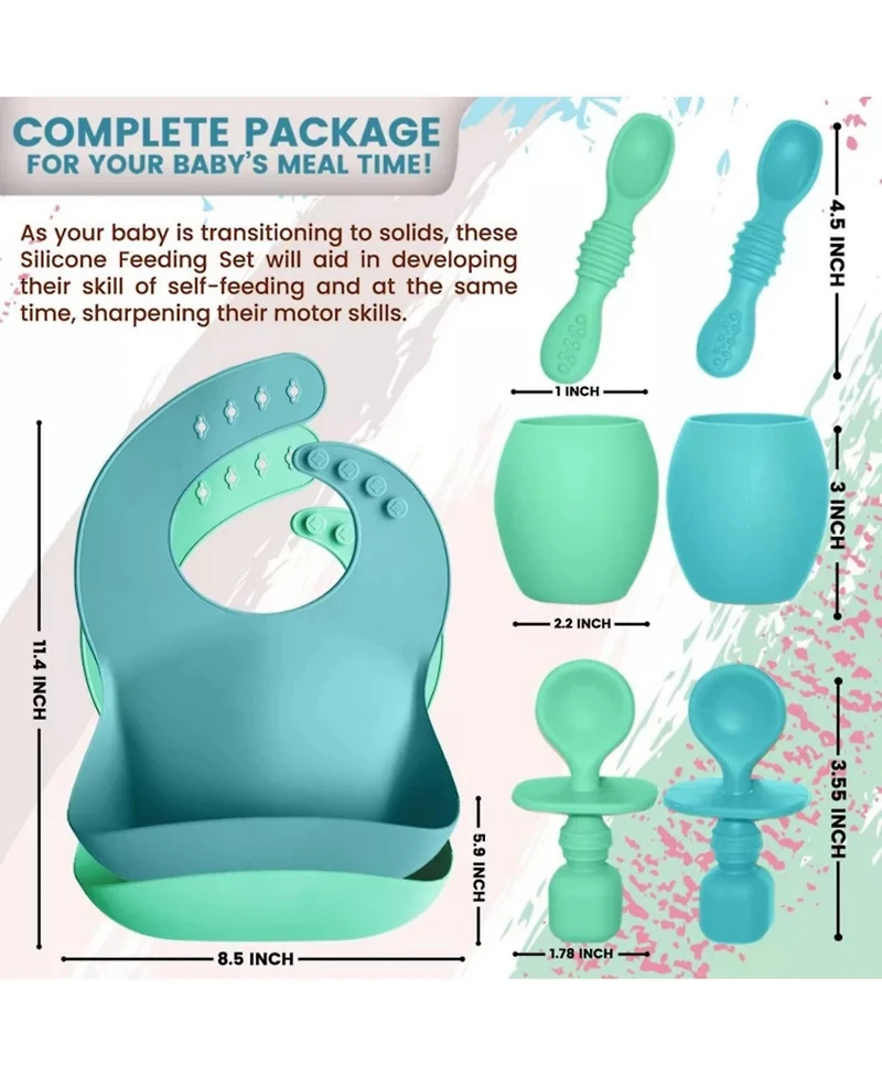 Sperric Toddler Silicone Feeding Set Led Weaning Utensils, Silicone Bibs Feeding Cups Smooth Waterproof Material For Practical Eating