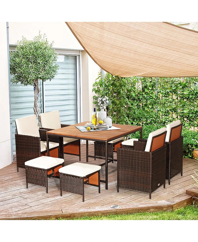 Gymax 9PCS Rattan Wicker Dining Set Patio Outdoor Furniture Set w/ Cushion
