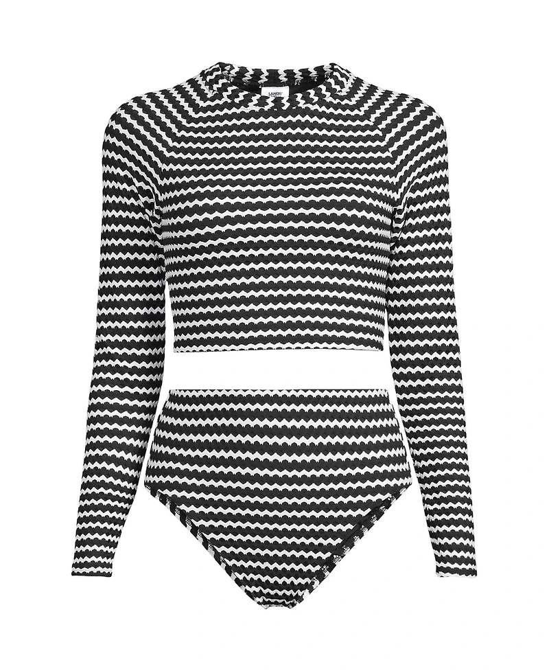 Lands' End Plus Crochet Long Sleeve Bikini Top and High Waisted Bottoms Swimsuit Set
