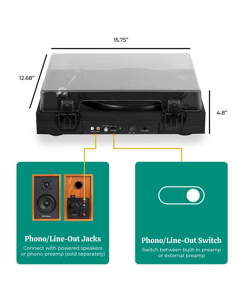 Electrohome Montrose Vinyl Record Player 2-Speed Belt-Drive Turntable, with Audio-Technica Stylus, Speed Control Motor, Built-in Preamp, Wood Plinth,