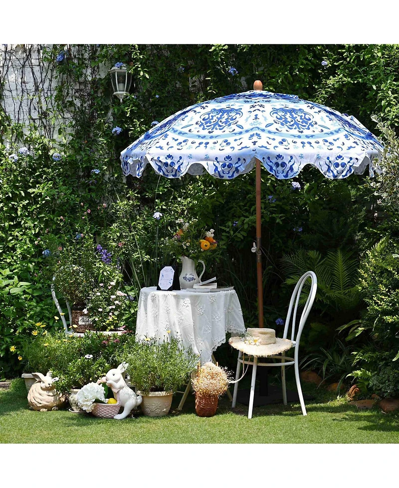 LAGarden Our Beach Portable Umbrella for Sand Beech Wood Pole Carry Bag with Printed Porcelain Love Cute Garden Parasol