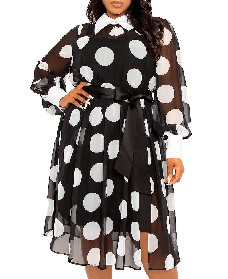 Buxom Couture Plus Contrast Collar Polka Dot Shirt Dress