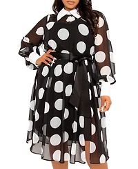 Buxom Couture Plus Contrast Collar Polka Dot Shirt Dress