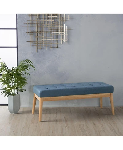 Mid Century Modern Upholstered Bench with Button Tufting and Birch Wood Legs for Dining Room, Hallway, or Office-The Pop Home