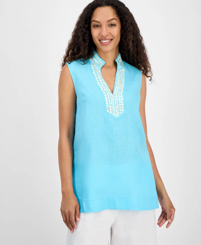 Charter Club Women's Embellished 100% Linen Tunic, Exclusively at Macy's