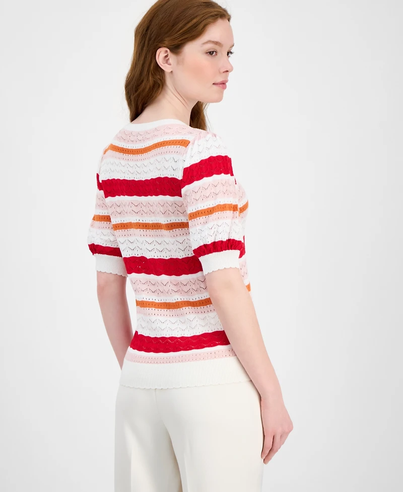 T Tahari Women's Pointelle Striped Crewneck Sweater